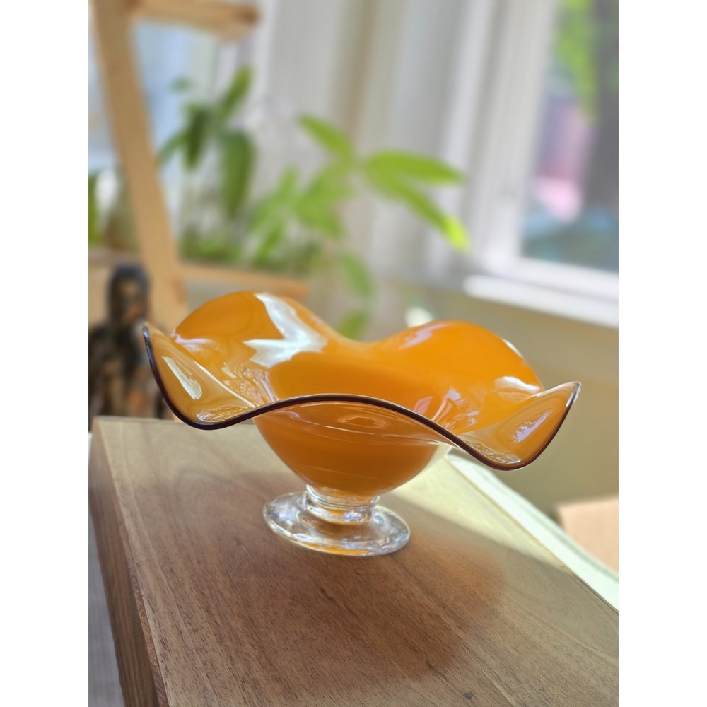 Vintage Vibrant Orange Art Glass Ruffled Edge Pedestal Candy Dish Bowl 10 x 4"